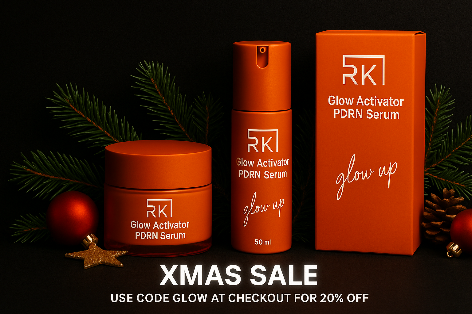 RK Glow Activator PDRN Serum with packaging on a dark background with Christmas decorations.